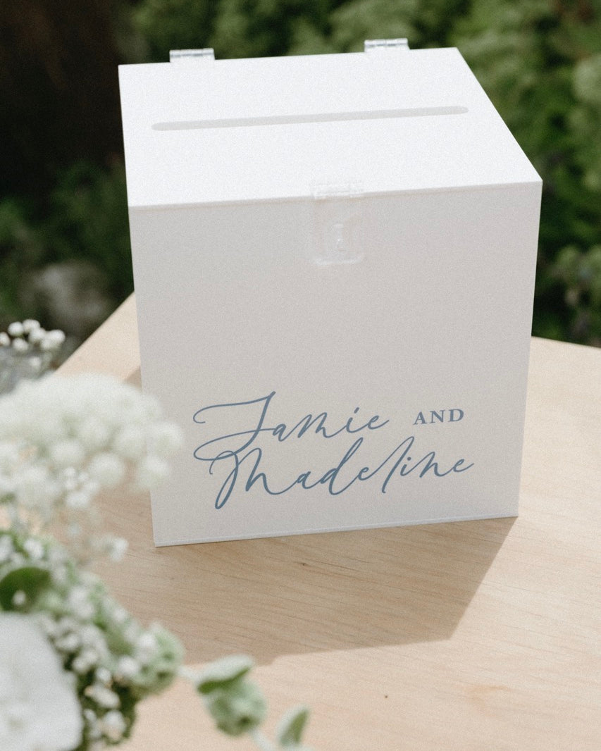 White wishing well with custom lettering to match other wedding stationery