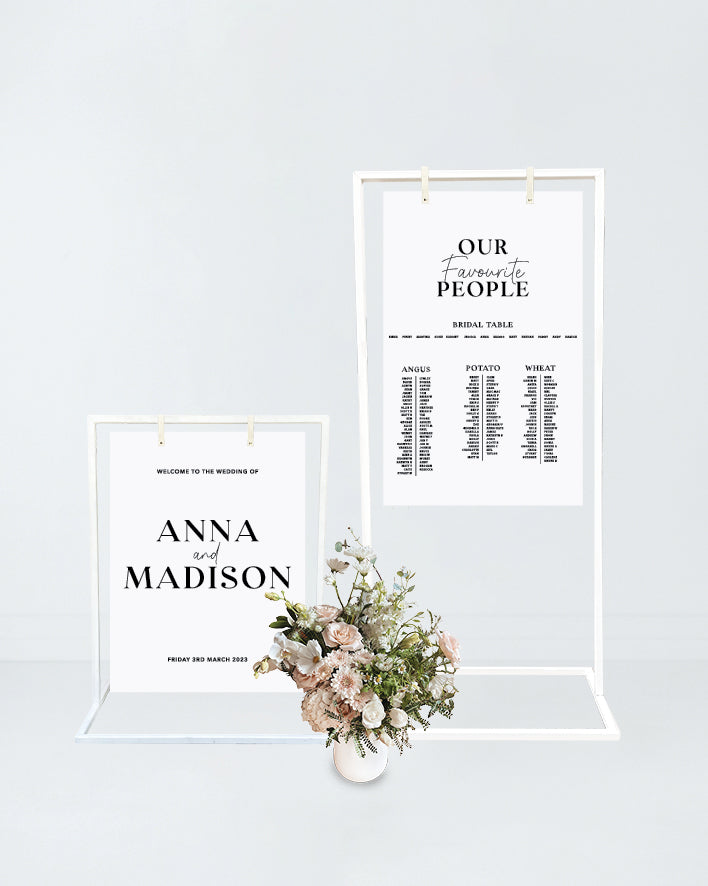 Seating plan and welcome sign in Remotelea Hire signage frames