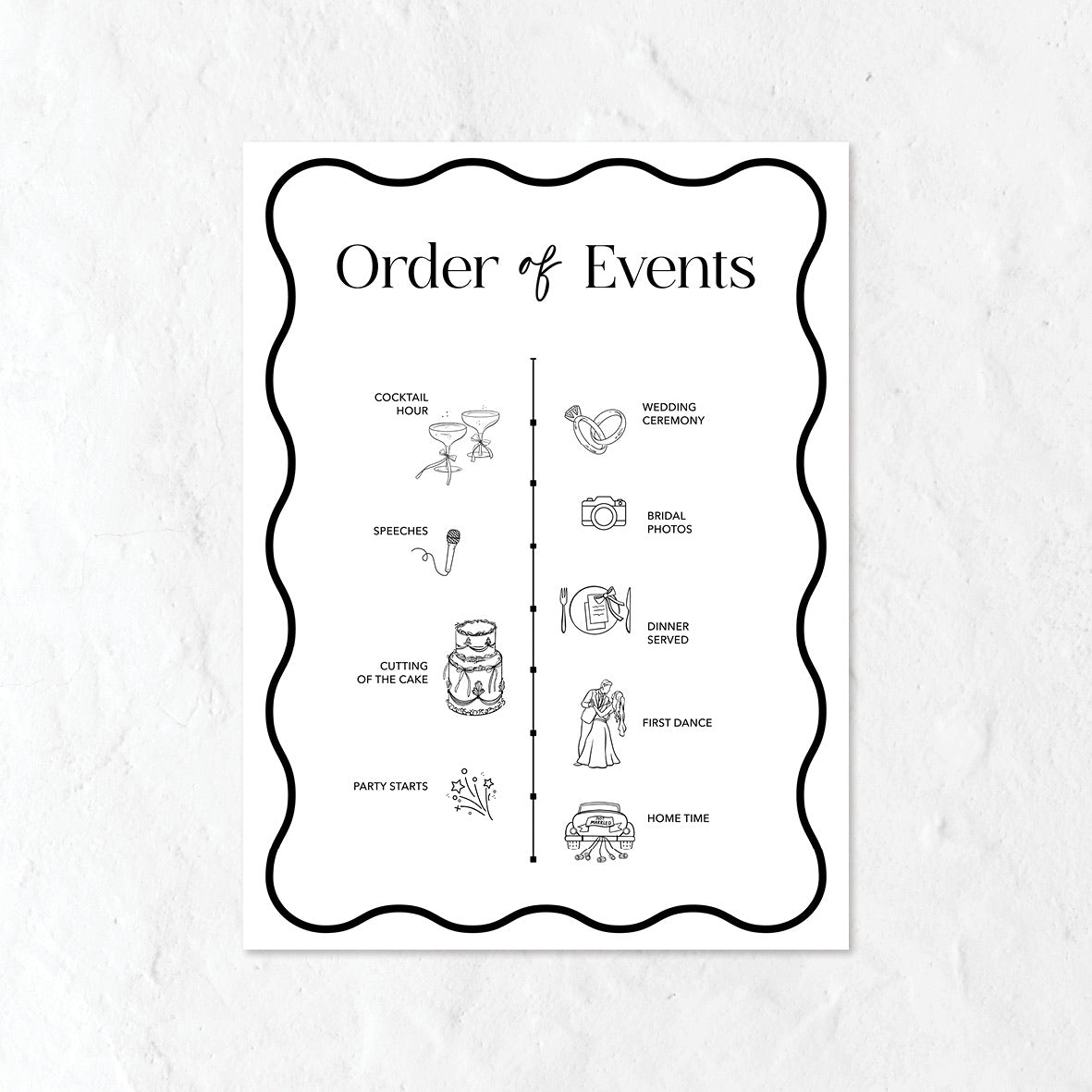 Black and white order of events sign