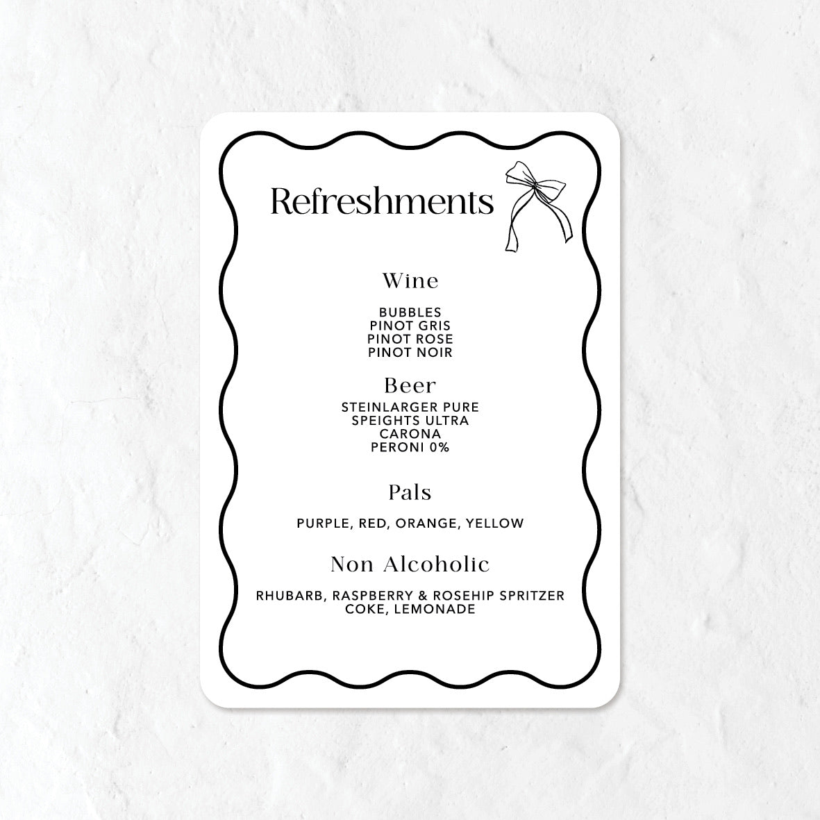 Black and White Bar Menu for refreshments with a list of drink options on a white background