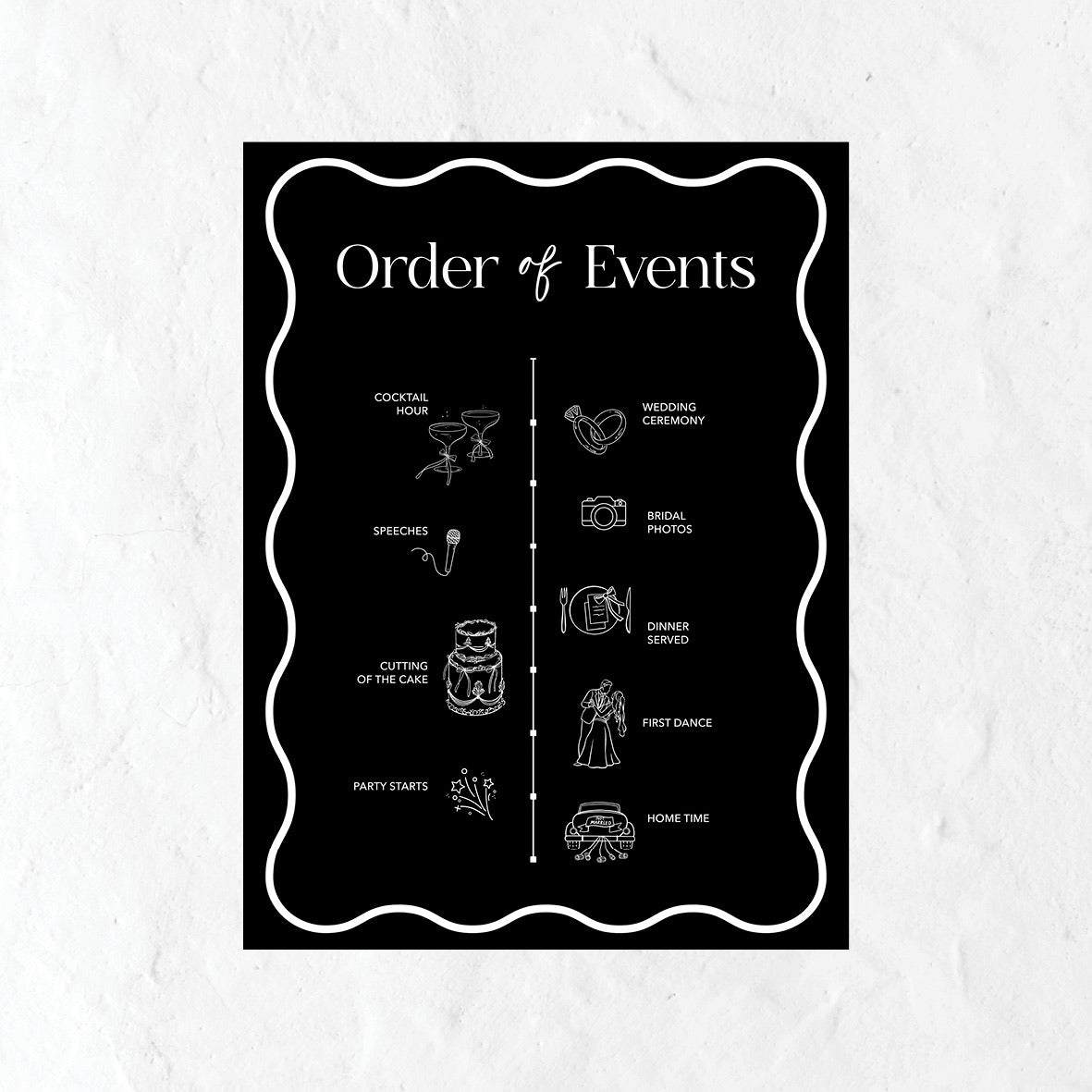 Black and white Order of Events sign with a bow icon