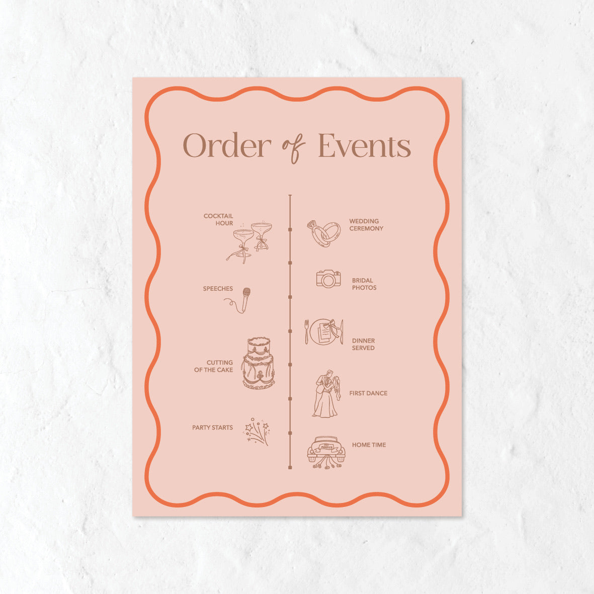 Order of Events sign with illustrations in light pink and orange