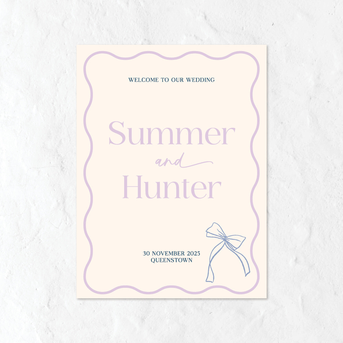 Welcome Sign in pastel purples and blues