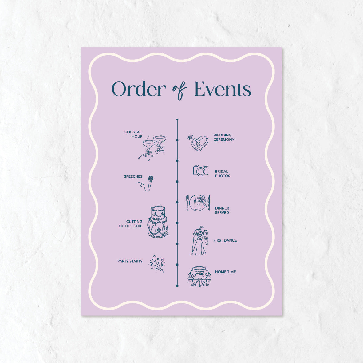 Purple Order of Events sign for a wedding, featuring icons and text