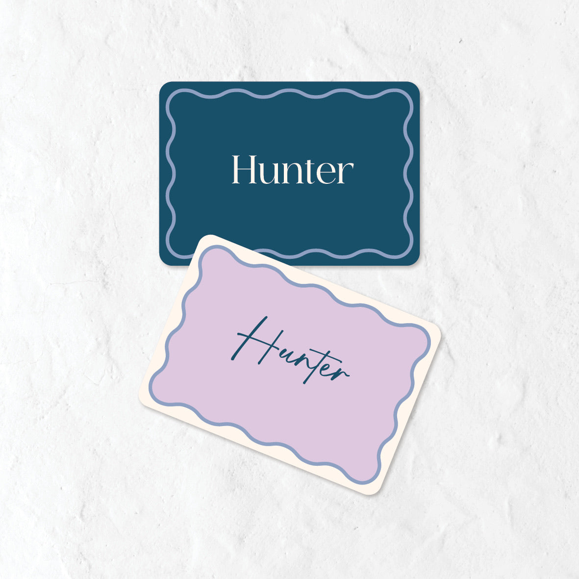 Place names in a blue and one purple palette