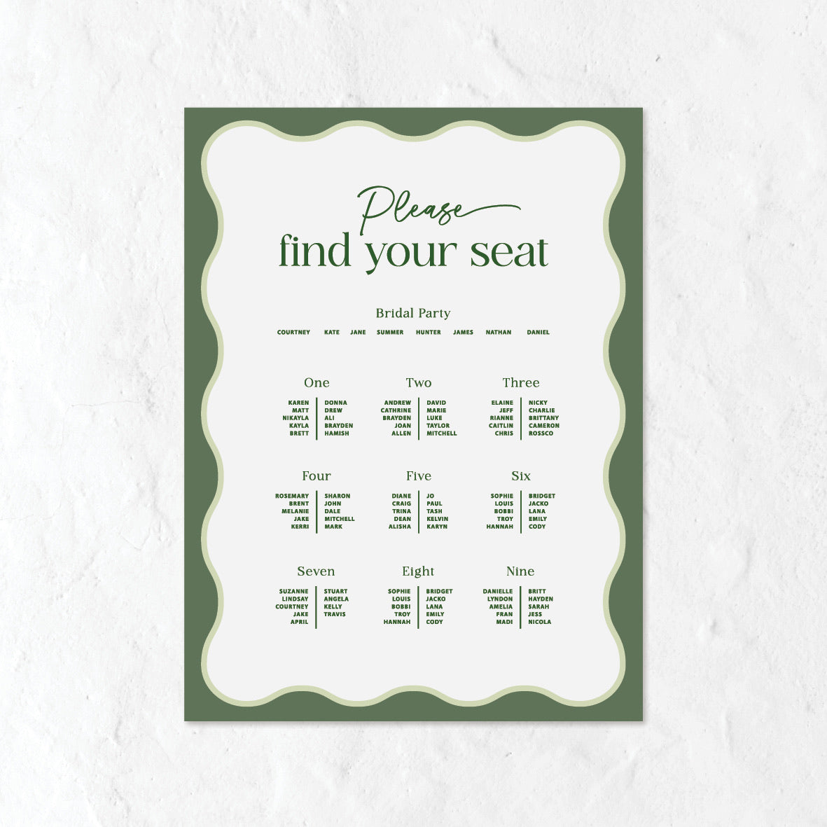 Seating plan for a wedding with a sage green and dark green elements