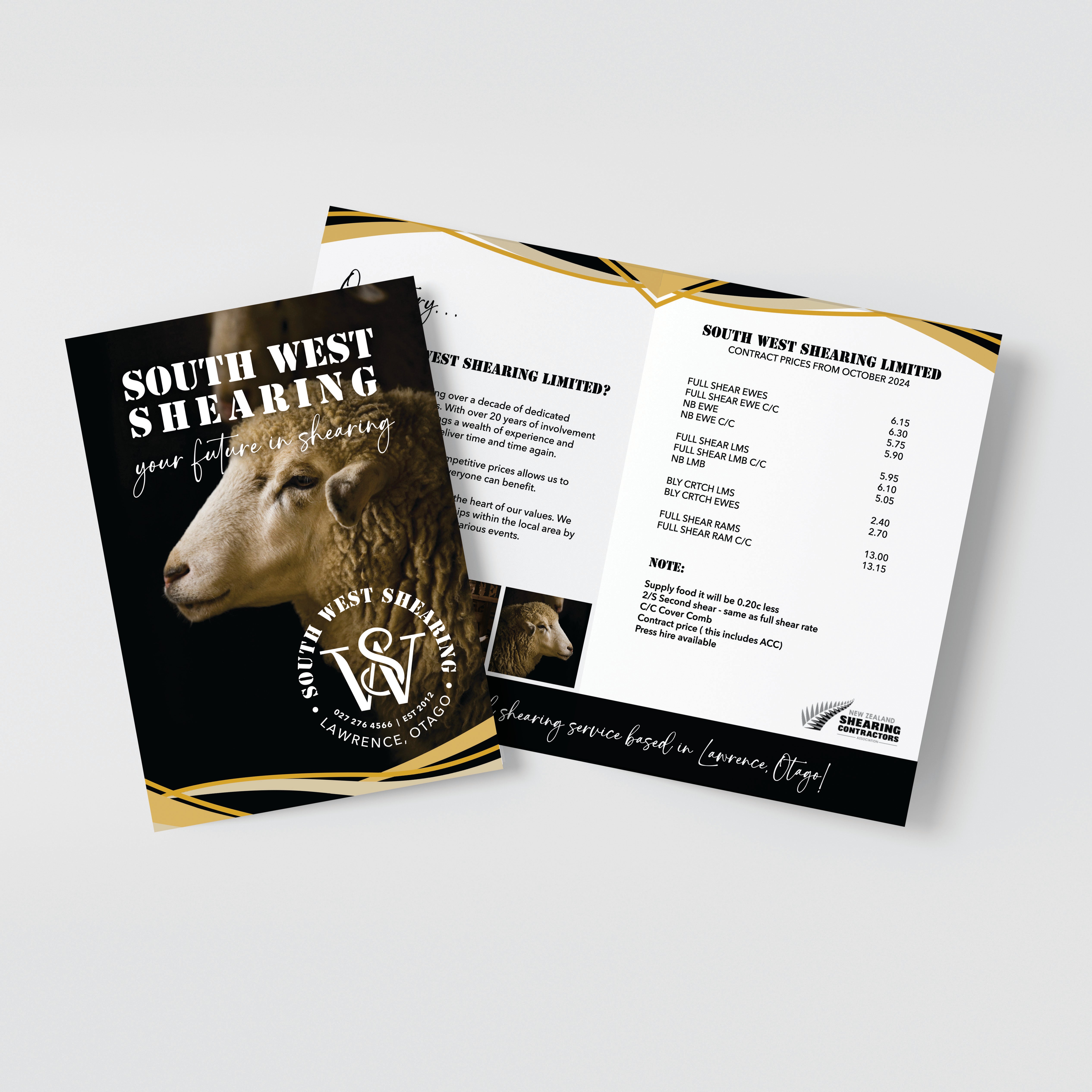 South West Shearing brochure design with sheep image and text on a white background