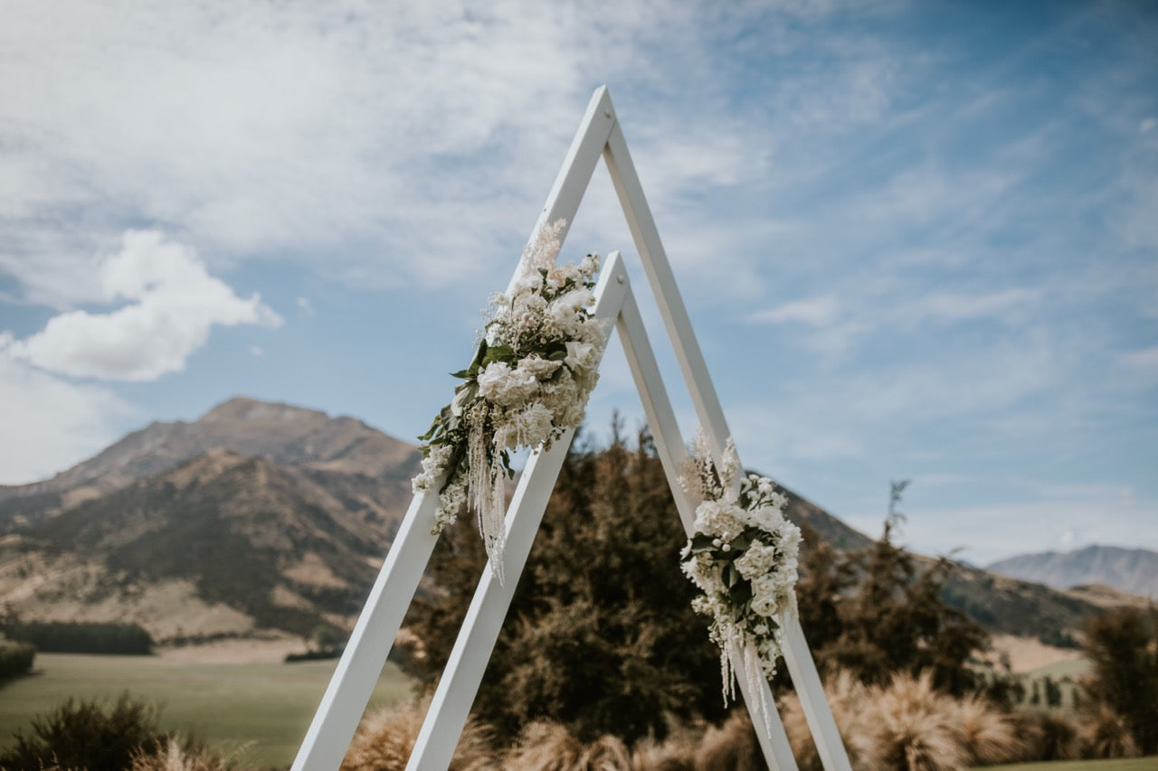 double white triangle arch at Lookout lodge in Wanaka