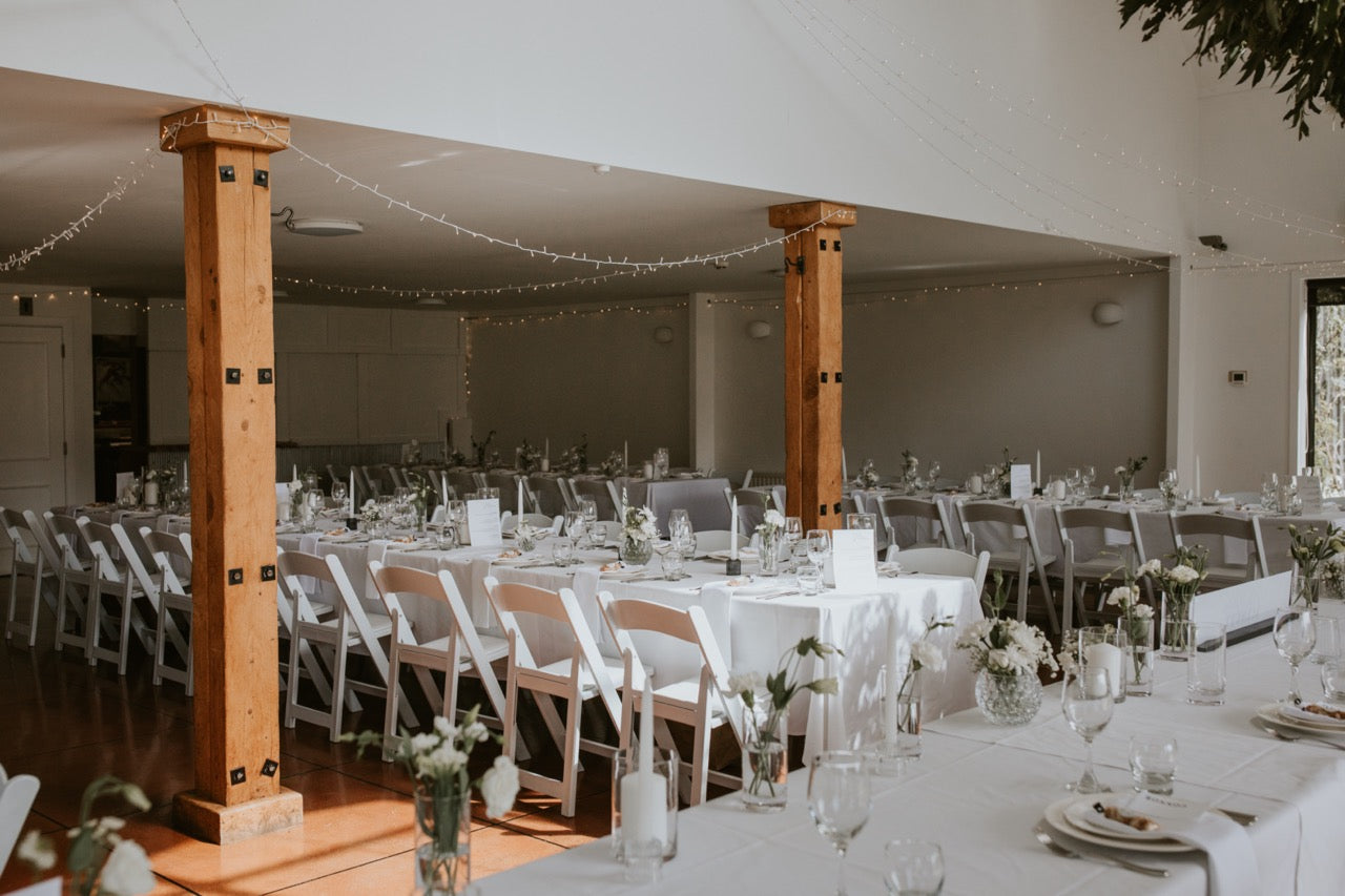 white wedding table settings at the Lookout Lodge Wanaka
