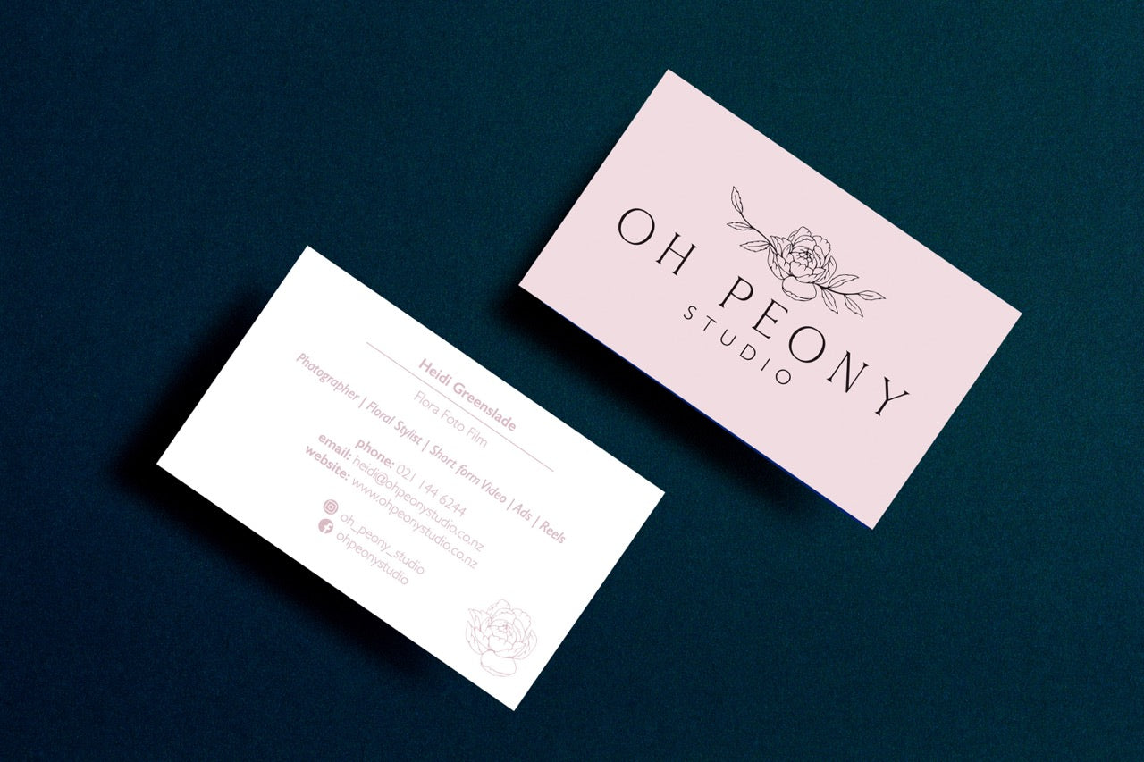 Business card design for Oh Peony Studio on a dark blue background