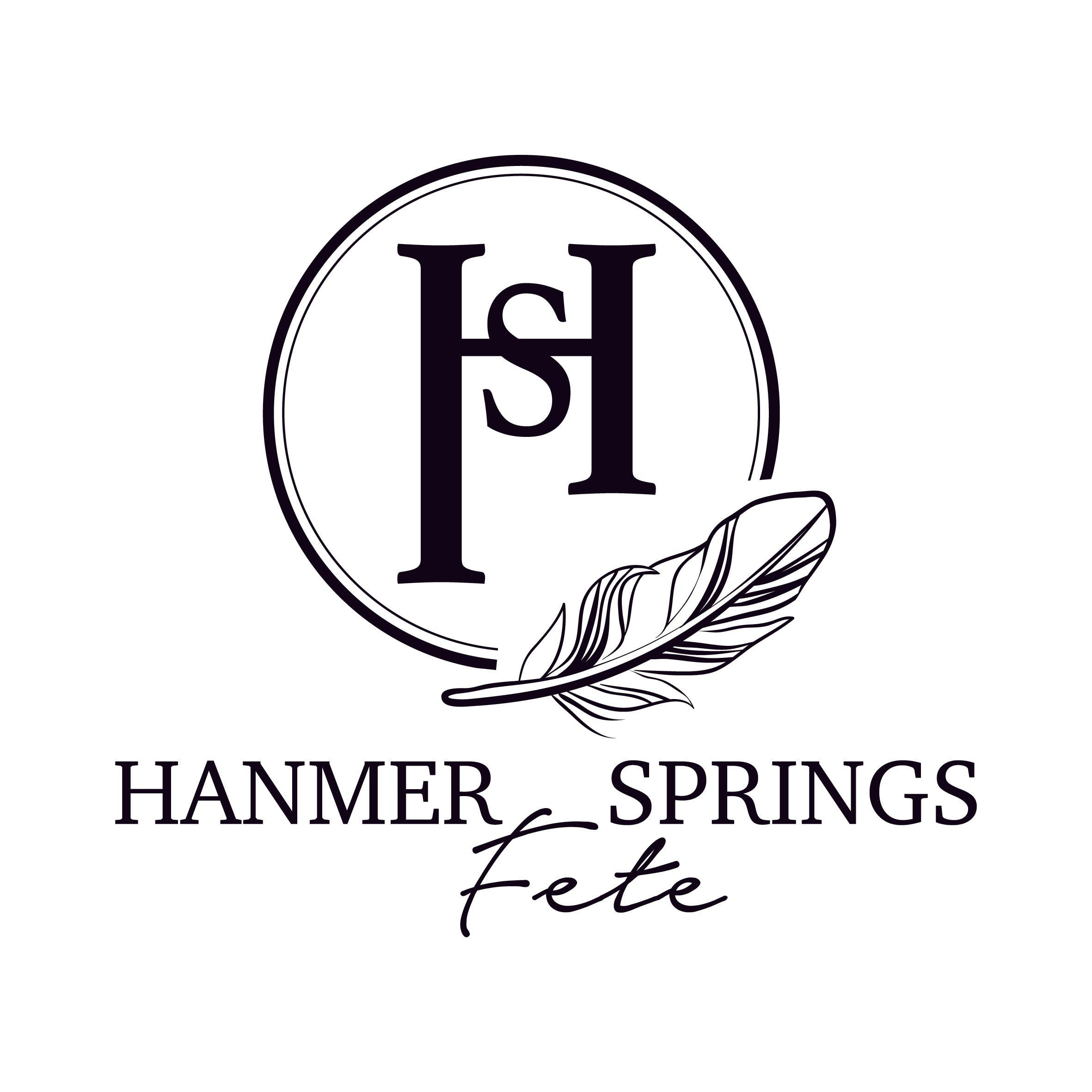 Logo of Hammer Springs Fete with initials 'HS' and a feather design on a white background.