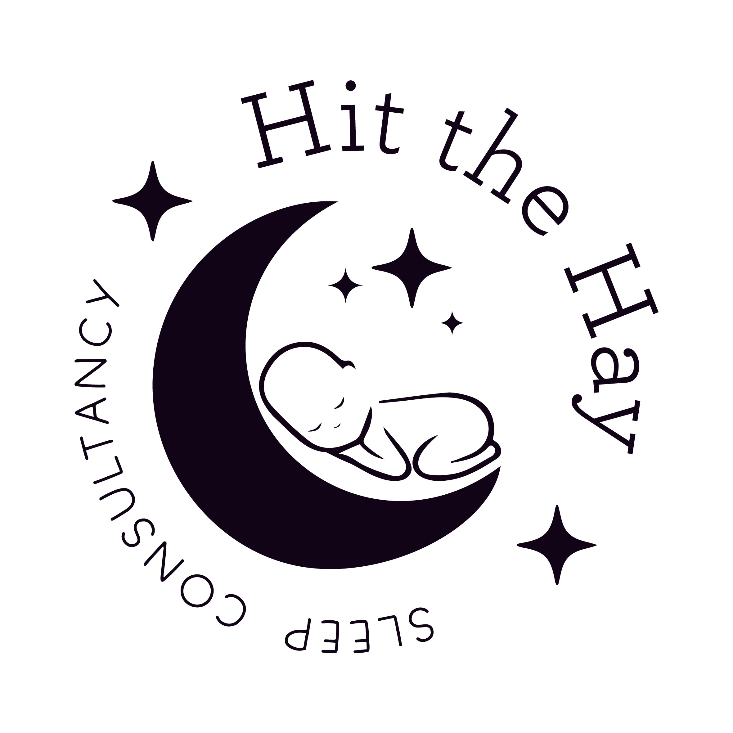 Logo with a baby sleeping on a moon, surrounded by stars, and text 'Hit the Hay Sleep Consultancy'.