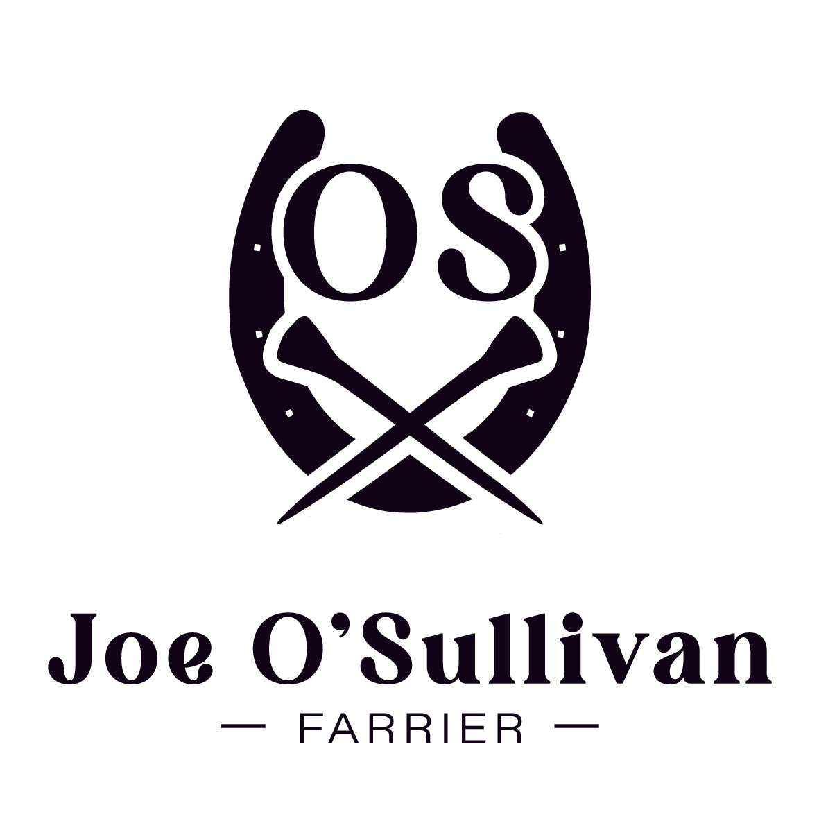 Logo for Joe O'Sullivan Farrier with horseshoe and crossed tools design.
