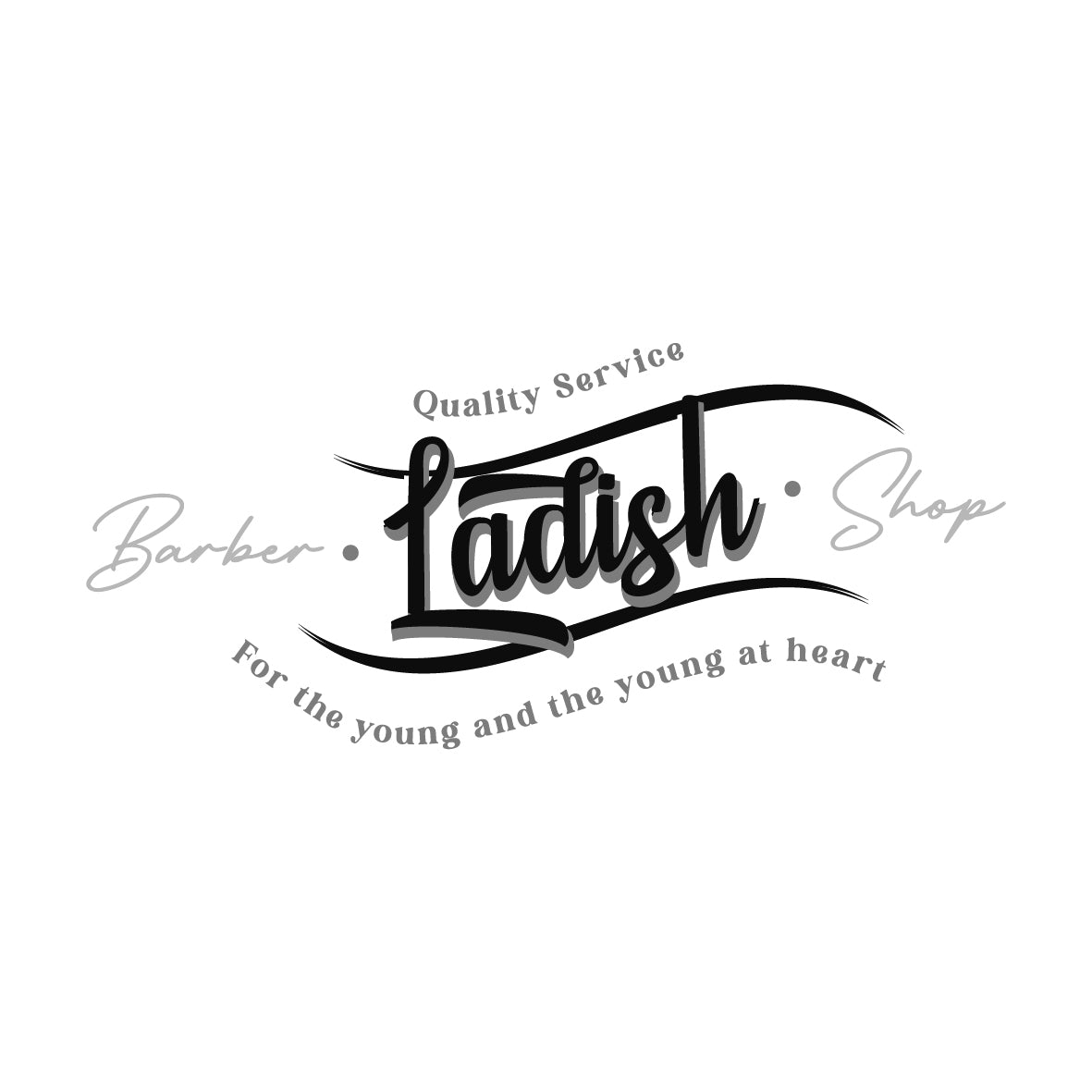 Logo of Ladish Barber Shop with text 'Quality Service' and 'For the young at heart'.