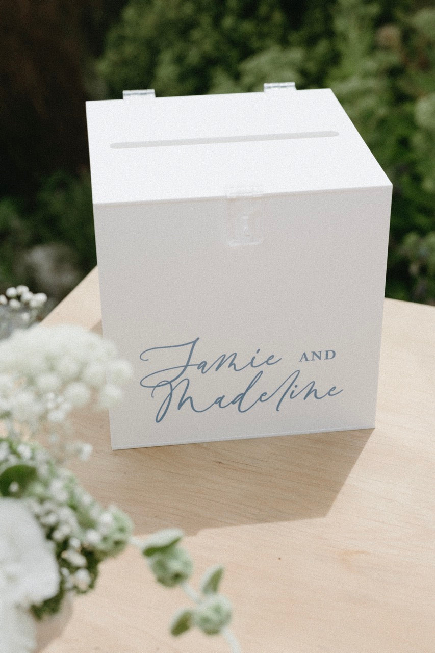 White wishing well with custom lettering to match other wedding stationery