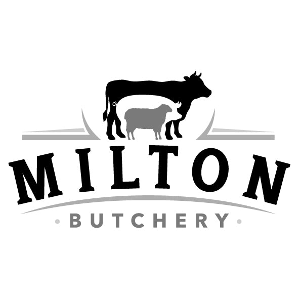 Logo of Milton Butchery with silhouettes of a cow and a lamb on a white background.