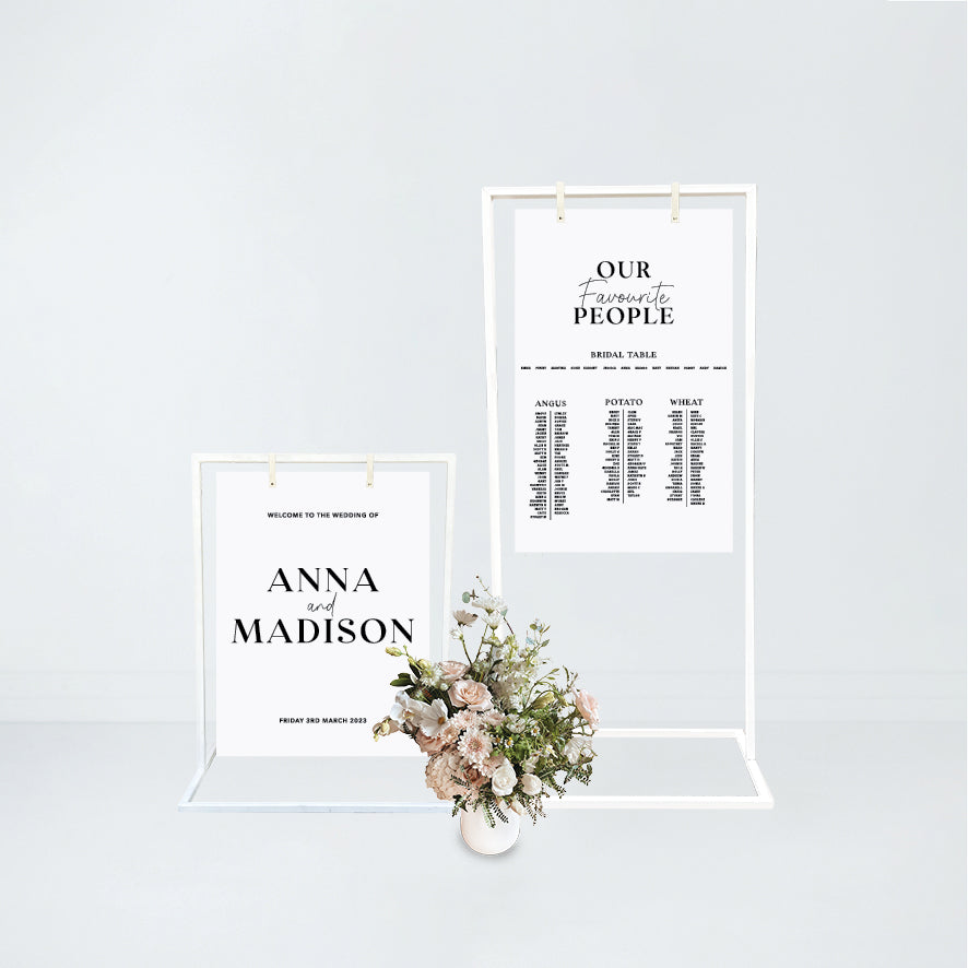 Seating plan and welcome sign in Remotelea Hire signage frames
