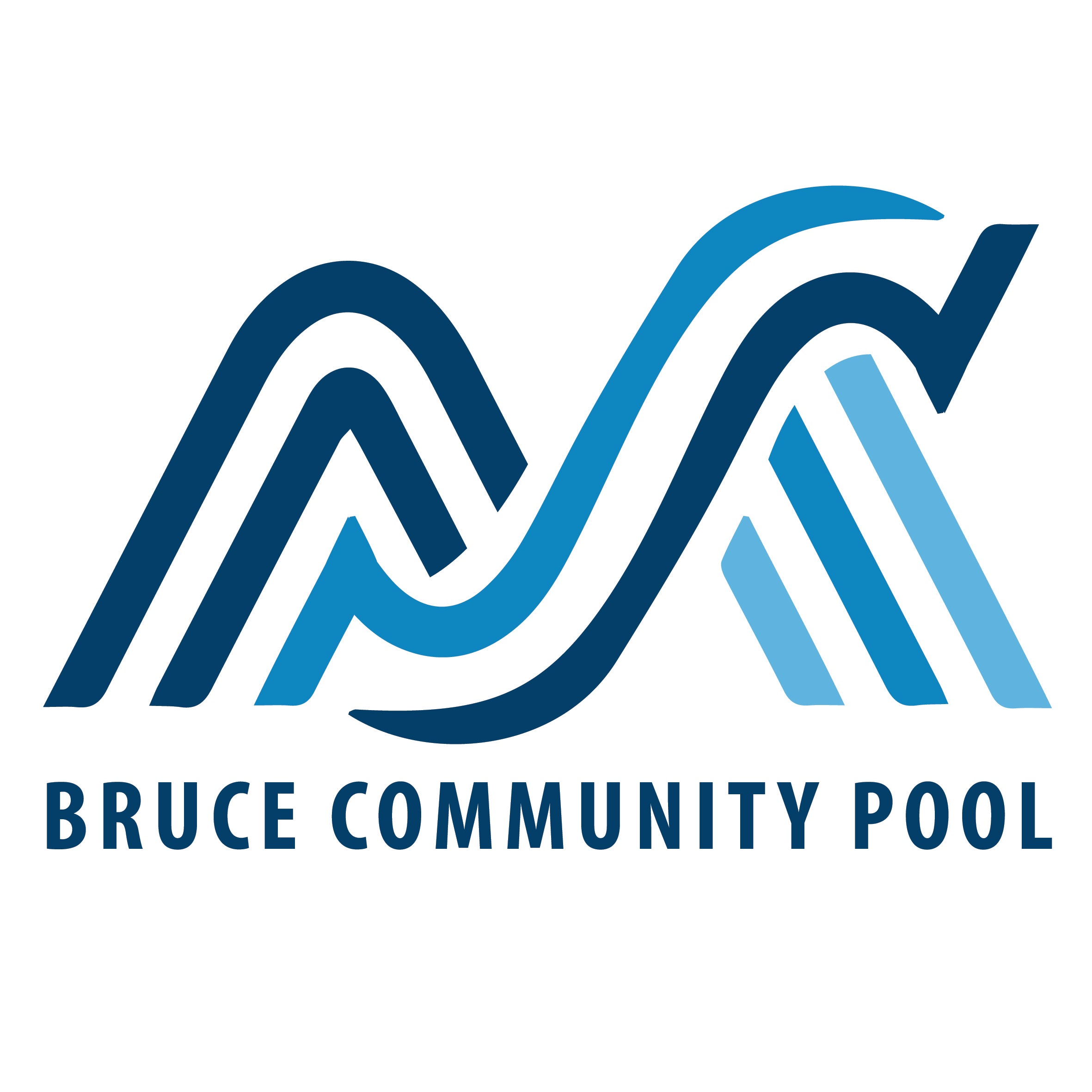 Logo of Bruce Community Pool with blue and white wavy lines on a white background
