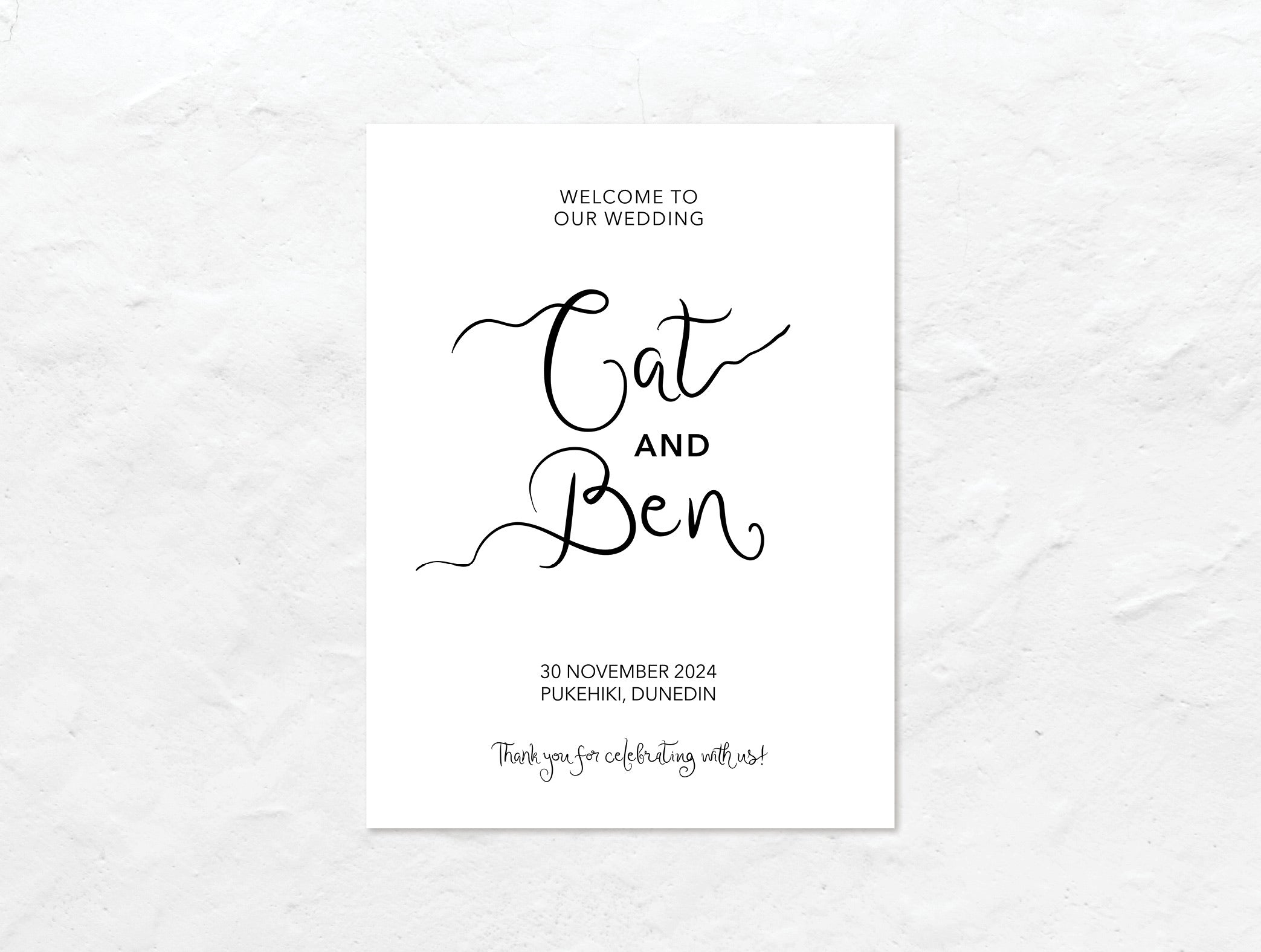 Wedding welcome sign with personalized text on a white background