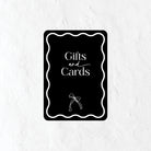 Black and white gifts and cards sign with a bow icon