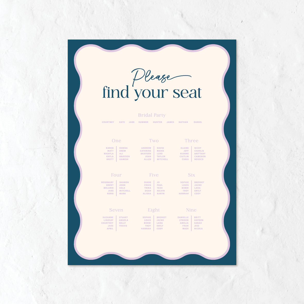 Seating Plan in pastel blue and purple tones