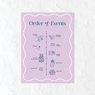 Purple Order of Events sign for a wedding, featuring icons and text 