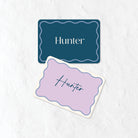 Place names in a blue and one purple palette