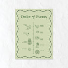 Green Order of Events sign for a wedding on a white background