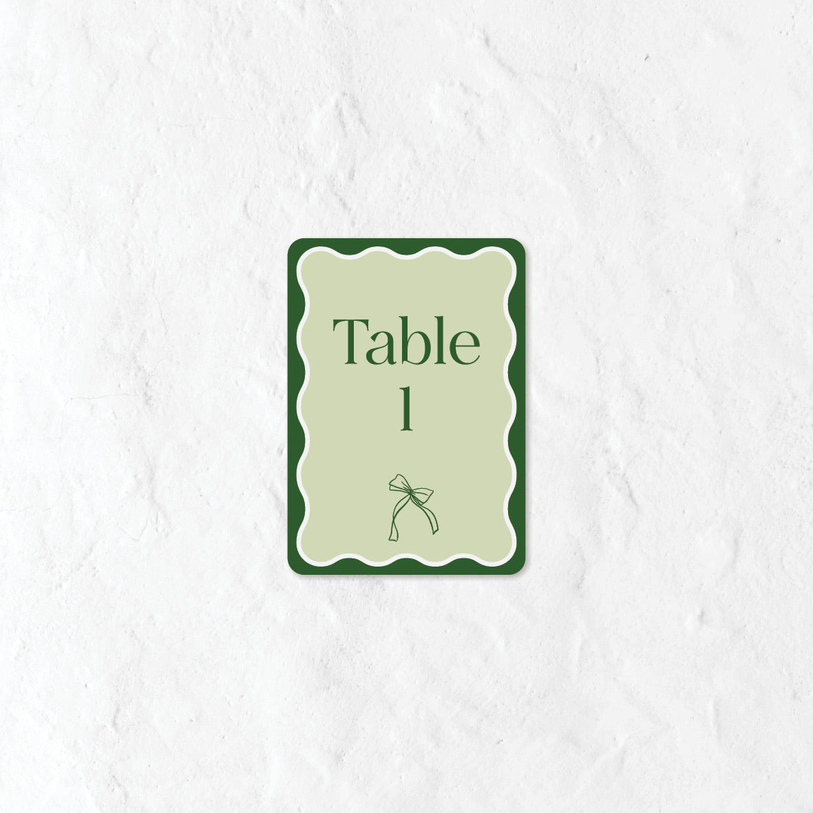 Green table number  with 'Table 1' text on a textured white background