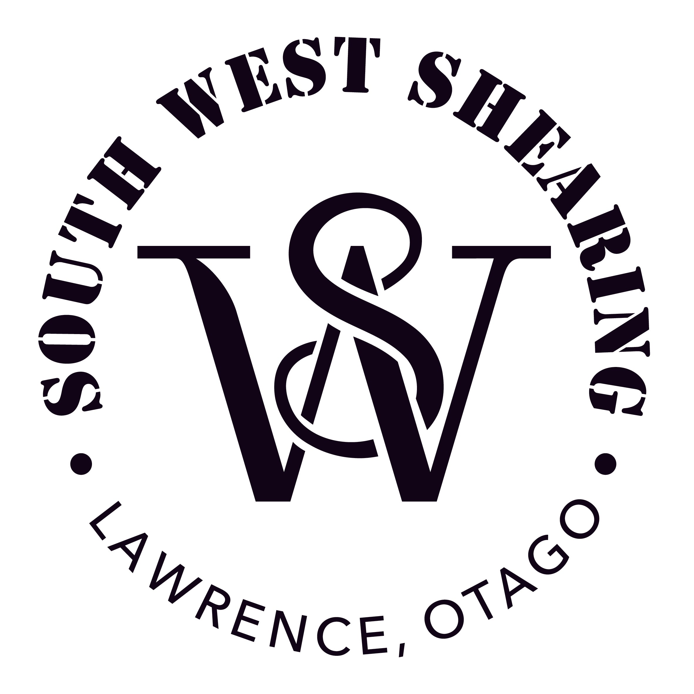 Black and white logo of South West Shearing with circular text around it on a white background