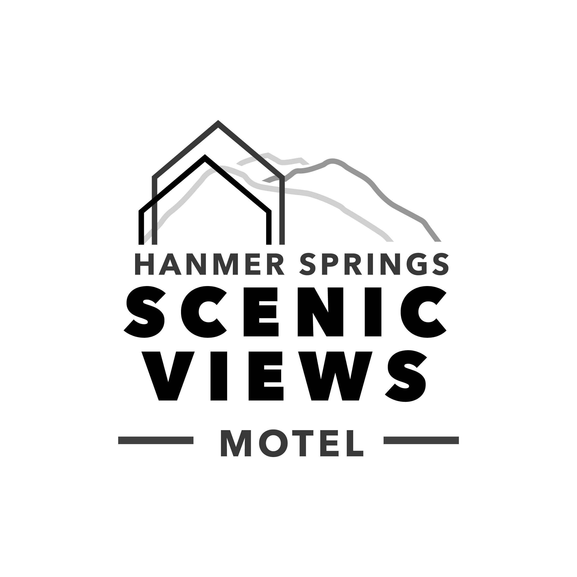 Logo of Hammer Springs Scenic Views Motel with mountain and cabin design.