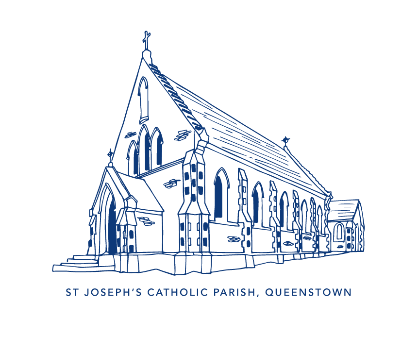 Line drawing of St Joseph's Catholic Parish, Queenstown on a white background