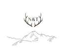 custom illustration of antlers and initials N & T above mountains on a white background