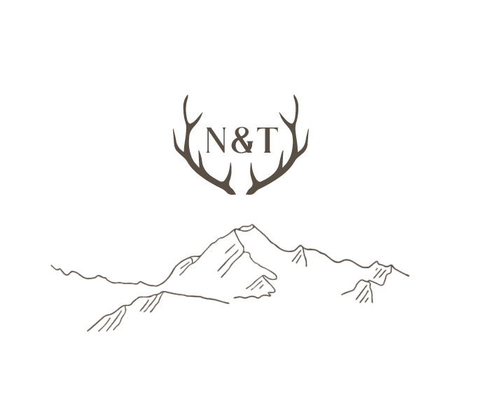custom illustration of antlers and initials N & T above mountains on a white background
