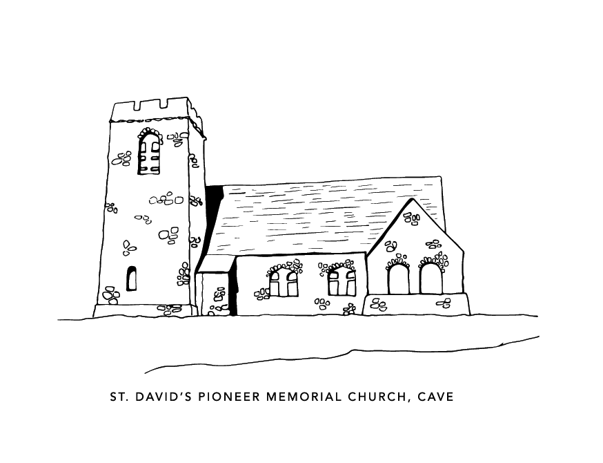 Black and white line drawing of St. David's Pioneer Memorial Church, Cave