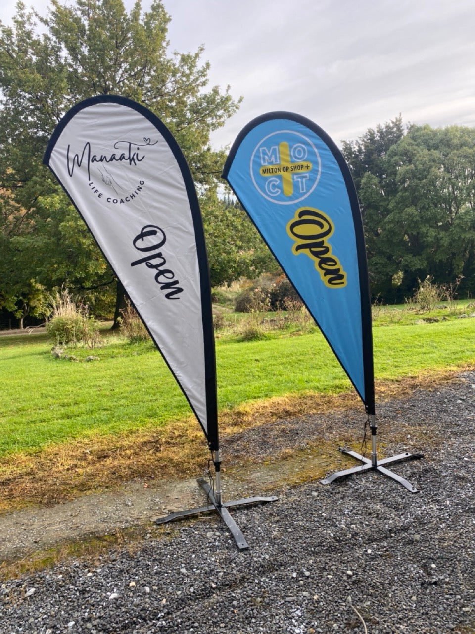 Teardrop flags for Milton Op Shop and Manaaki Life coaching
