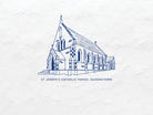 Line drawing of a cathedral with 'St Joseph's Catholic Parish, Queenstown' text on a textured white background