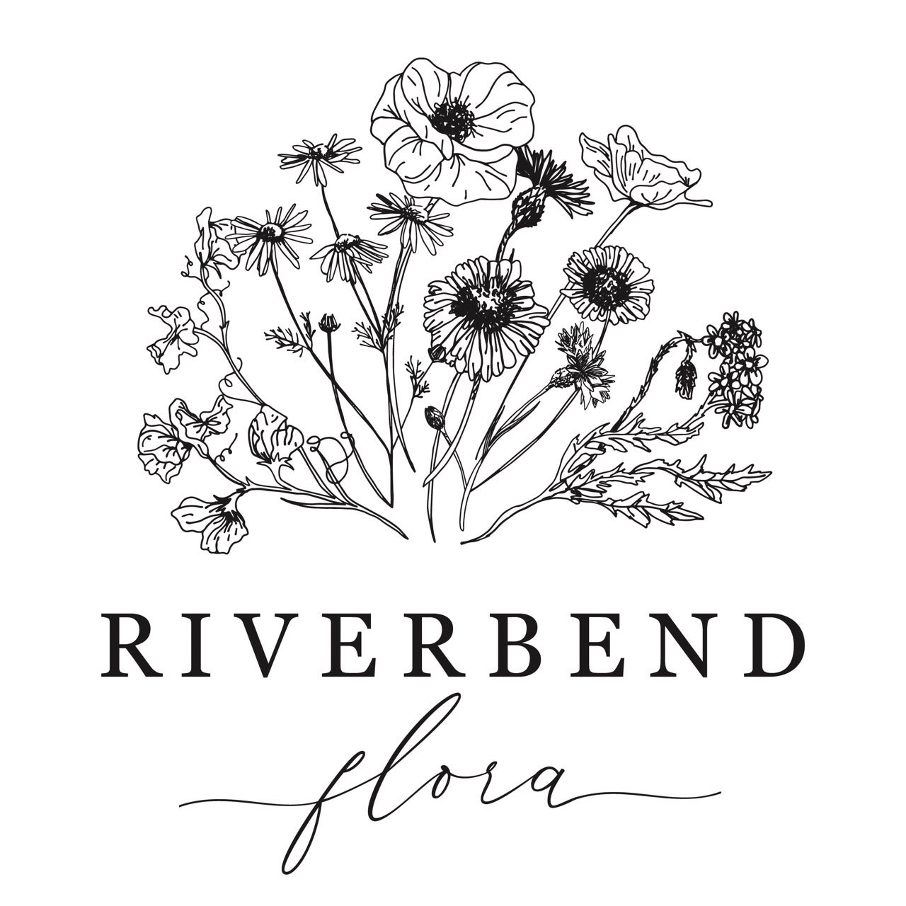 Black line drawing of flowers with 'Riverbend Flora' text on a white background